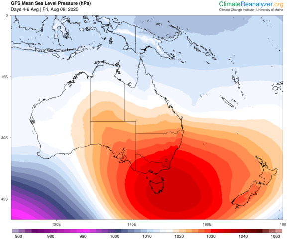 Image: Abnormally high mean sea level pressure predicted over southeastern Australia later this week as the SAM trends positive. Source: ClimateReanalyzer.org