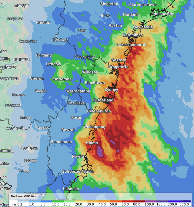 Image: DTN Quantitative Precipitation Estimate (QPE) showing widespread rainfall accumulations of 40-80mm across the greatermetropolitan region on Saturday and Sunday, August 9-10, 2025. Source: Weatherzone